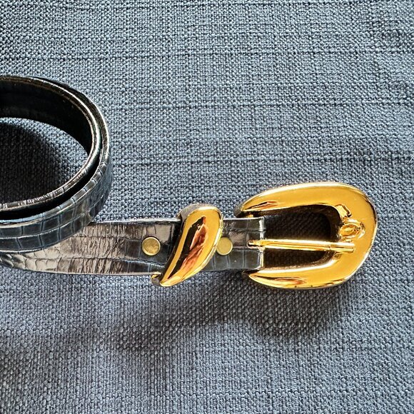 Linda Allard for Ellen Tracy Snakeskin Leather Belt with Gold Buckle - Picture 1 of 7